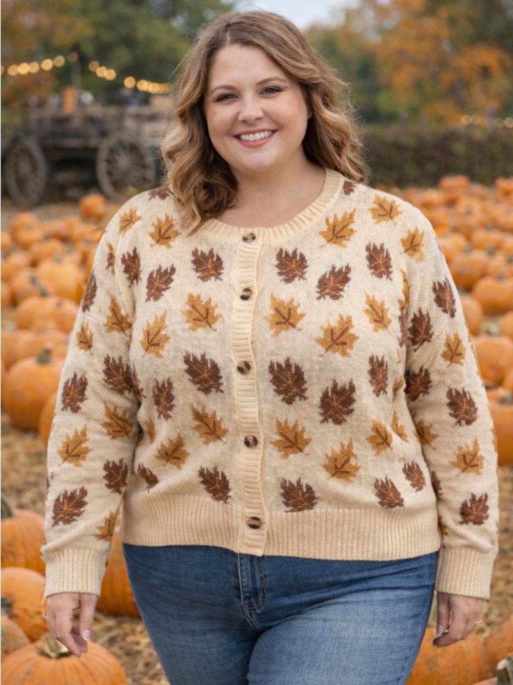 XXL Leaf Print Knit Cardigan Sweater Knit Beige Brown Button-Up Cozy Fall